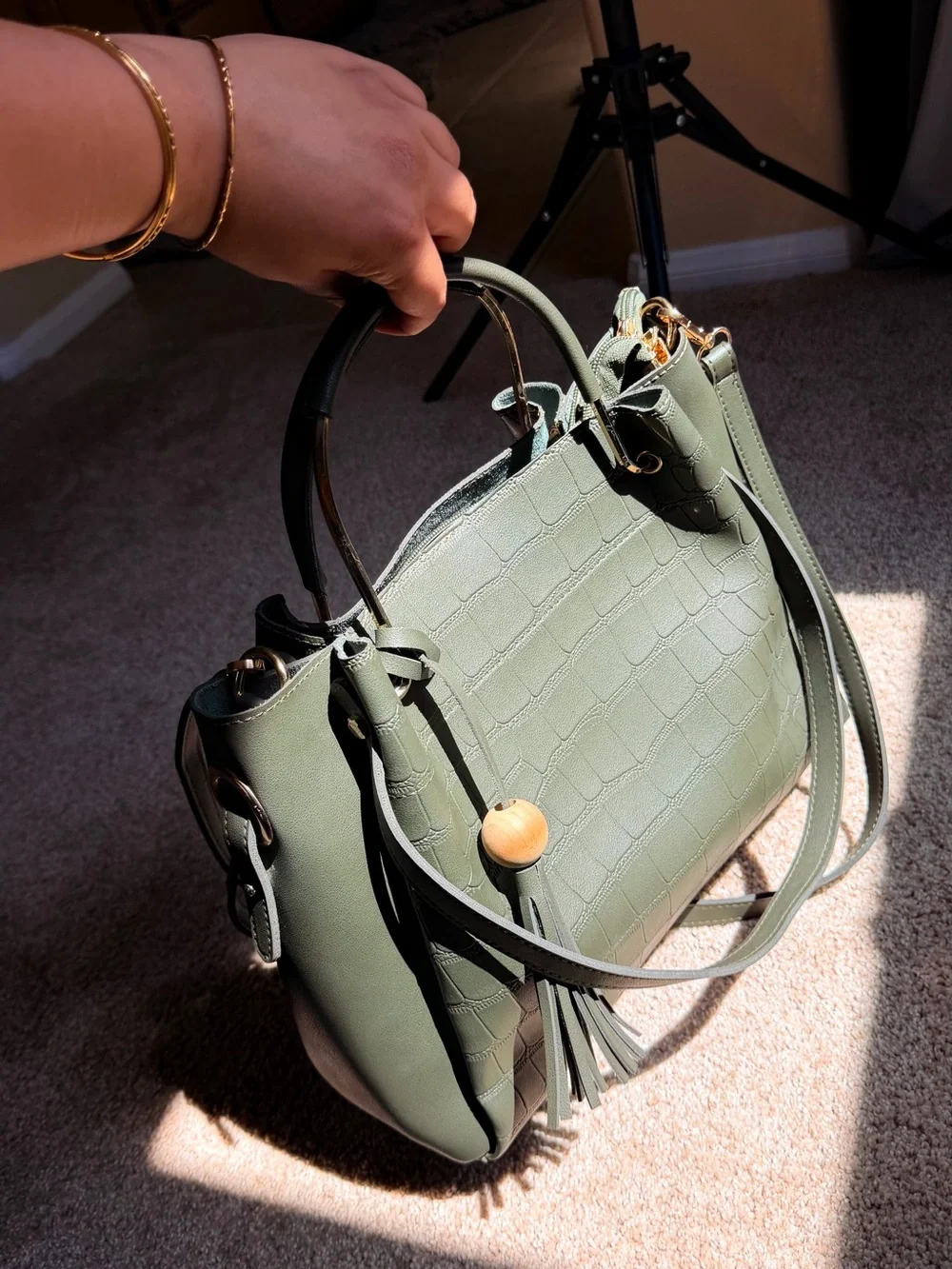 Source Unknown Olive Green Croc-Embossed Satchel with Tassel